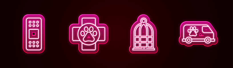 Poster - Set line Bandage plaster, Veterinary clinic, Cage for birds and ambulance. Glowing neon icon. Vector