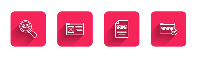 Poster - Set line Advertising, Browser window, SEO optimization and Website template with long shadow. Red square button. Vector