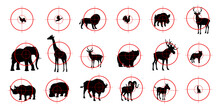 Hunting Sport Targets, Animal Silhouettes For Hunt Shooting Range, Vector Icon. Hunter Aim Crosshair Scope With Duck, Deer Or Elk Stag And Lion With Giraffe For Safari, Grouse Or Partridge With Boar