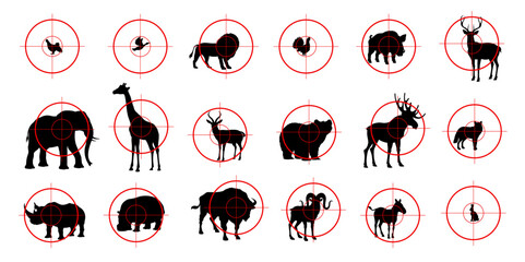 Hunting sport targets, animal silhouettes for hunt shooting range, vector icon. Hunter aim crosshair scope with duck, deer or elk stag and lion with giraffe for safari, grouse or partridge with boar