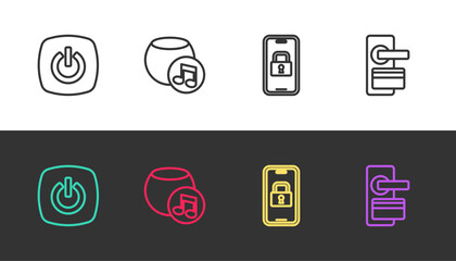 Poster - Set line Smart home, Voice assistant, Digital door lock and on black and white. Vector