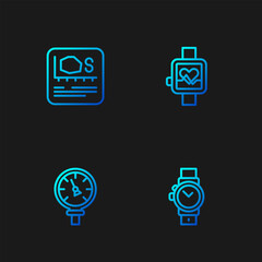 Sticker - Set line Wrist watch, Pressure water meter, Area measurement and Smart. Gradient color icons. Vector