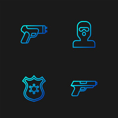 Poster - Set line Pistol or gun, Police badge, electric shocker and Thief mask. Gradient color icons. Vector