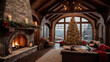 Rustic Elegance of Christmas. Embrace the Cozy Charm of the Season in a Living Room with Christmas Garland Gracing the Wooden Roof, Bringing Comfort, Tradition, and Festive Homeyness.