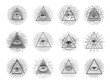 Illuminati eyes and mason pyramid triangles, providence and occult vector symbols. Freemasonry signs and secret society icons of mason pyramids with providence eye for esoteric alchemy and magic