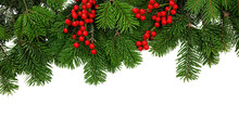 Christmas Tree Border And Red Berries Decoration Isolated On White Transparent, PNG. 