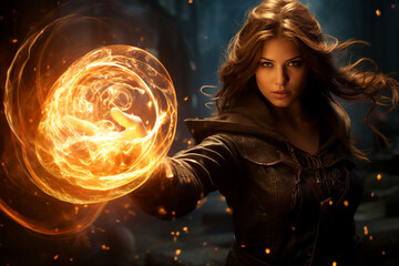 Poster - Generative ai collage photo of strong warrior woman fight with fire spell