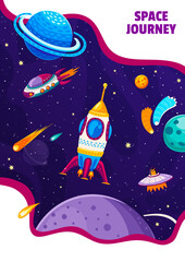 Aufkleber - Space poster. Cartoon spaceships flying in starry galaxy space with planets, comets and stars. Vector rocket, shuttle, alien UFO and starship on dark sky background of galaxy universe, cosmic journey