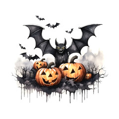 Sticker - Black halloween bats watercolor on white background