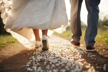 Close up photo of young people in nice stylish shoes going to wedding ceremony made with generative AI