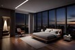 penthouse bedroom at night, dark gloomy, A room with a view of the city from the bed,