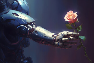 A robot hand holds out a rose. The concept of contrasting artificial and industrial with natural