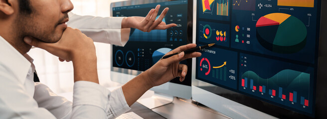 Poster - analyst working on data analysis or bi dashboard on computer monitor. business team analyzing financ
