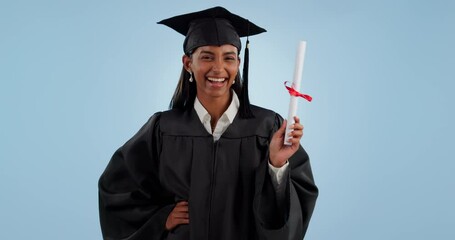 Wall Mural - Happy woman, student and certificate for graduation, diploma or degree against a studio background. Portrait of female person or graduate smile with qualification, achievement or certified education