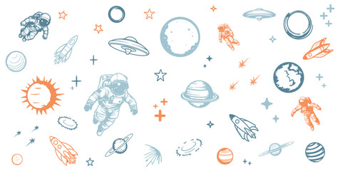 cute outline outer space. hand drawn space artline. isolated on a background. eps 10