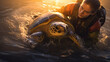 Sunlight dances on the surface of water as a rescuer releases a turtle back into its natural habitat after a successful rescue