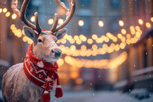 Festive Reindeer Radiance. A Reindeer in a Christmas Hat with Magical Bokeh Lights in the Background Sets the Scene for a Cheerful Holiday Celebration. Whimsical Holiday