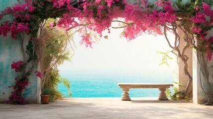 Poster -  a bench sitting under a pink flower covered arbor next to the ocean.  generative ai