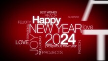 Happy New Year 2024 worldwide New Year's Eve celebration red international wishes word traduction colorful words tag cloud text white greetings animation

