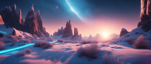 Wide-angle Shot Of An Alien Planet Landscape. Breathtaking Panorama Of A Frost Snowy Planet With Strange Rock Formations. Fantastic Extraterrestrial Landscape. Sci-fi Wallpaper.