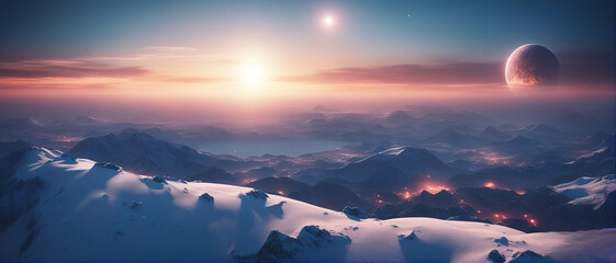 Wall Mural - Wide-angle shot of an alien planet landscape. Breathtaking panorama of a frost snowy planet with strange rock formations. Fantastic extraterrestrial landscape. Sci-fi wallpaper.