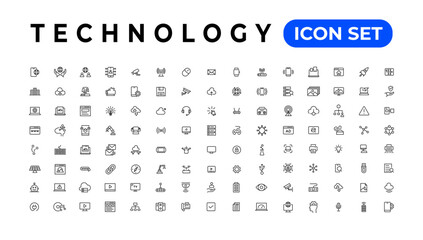 Fototapete - Technology Outline vector icons in line style. Computer monitor, smartphone, tablet and laptop. Vector illustration.