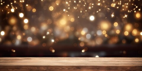 Golden christmas elegance. Bokeh background. Festive delights. Empty wooden table setting. Shining through on holiday. Abstract wood and gold. Party ambiance