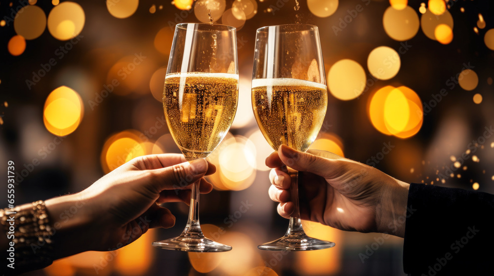 Celebration. People holding glasses of champagne making a toast at new ...