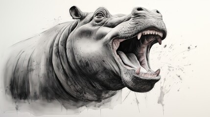 Sticker -  a drawing of a hippopotamus with its mouth open.  generative ai