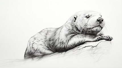 Wall Mural -  a black and white drawing of a sea otter resting on a rock.  generative ai
