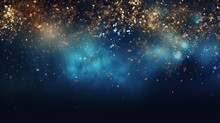 Abstract Glitter Lights Background In Blue, Gold And Black Colors. Defocused Bokeh Effect. Banner For Festive, Celebration Or Party Themes.