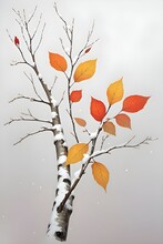 Autumn Tree Branch.simple Drawing, Simple Lines, A Birch Branch With A Bit Of Snow, Winter Vibes,  Hand-painted, Art. Sharp Focus, Colorful, High Contrast, Shadows, Casting Shadows,  Watermark,
