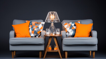 Canvas Print - Modern armchairs and pillows with table lamp in a dark background created with Generative AI technology