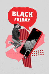 Poster - Image collage poster of happy cheerful guy looking far away waiting super black friday sale isolated on drawing background