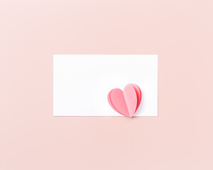 Wall Mural - Pink cute cut heart and clean white paper for love note on pink colored background. Minimal trend flat lay, pastel color, mock up valentine Day card or wedding invitation. Romantic concept