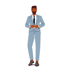 Poster - Confident Black Businessman Character Stands Tall In A Sharp Formal Suit, Exuding Professionalism And Leadership