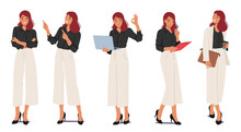 Business Woman Standing In Different Poses. Female Character In Smart Wear With Folded Arms, Pointing Gesture
