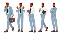 Business Man Standing In Different Poses. Male Character In Formal Suit Holding Briefcase, Coffee, And Tablet, Show Ok