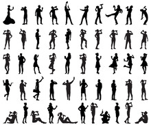 A Collection Of Silhouette Illustrations Of Men And Women Drinking While Standing While Carrying Bottles Of Coffee And Wine