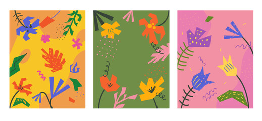 Wall Mural - background with abstract organic shapes. flier with textured cutouts flowers and leaf in retro flat 