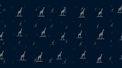 Poster - Giraffe symbols float horizontally from left to right. Parallax fly effect. Floating symbols are located randomly. Seamless looped 4k animation on dark blue background