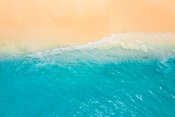 Poster - Top drone view fantastic popular travel landscape. Summer seascape blue water yellow sand. Aerial amazing tropical nature background. Beautiful  mediterranean bright sea waves crash beach sunlight