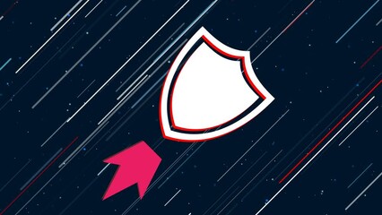 Poster - Shield symbol flies through the universe on a jet propulsion. The symbol in the center is shaking due to high speed. Seamless looped 4k animation on dark blue background with stars