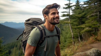 Poster - Man wearing backpack standing on autumn forest trail, hiking alone