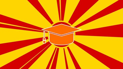 Poster - Square academic cap symbol on the background of animation from moving rays of the sun. Large orange symbol increases slightly. Seamless looped 4k animation on yellow background