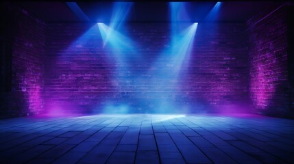 Abstract blue and purple brick wall background with neon laser beams, spotlights, and smoke in a dark studio room for product display