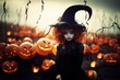 Teenager in pumpkin patch devil witch cosplay costume, dark art fantasy Victorian goth inspired fashion for a creepy halloween trick or treat night out on the rural farm.