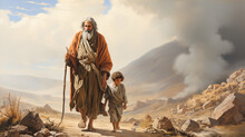 Illustration Of Patriarch Abraham And His Son Isaac Returning From The Place Of Sacrifice To God Generative AI