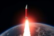 Rocket launch with a red projectile, planet initiation, rendered in 3D. NASA provided elements. Generative AI