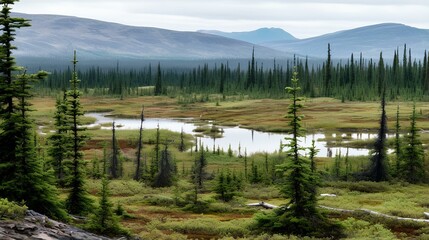 landscape of the forested area of taiga in the great arctic region. generative AI